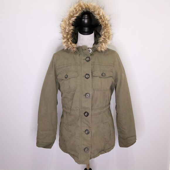 Old Navy Jacket Womens Medium Green Coat Hooded Faux Fur Trim Full Zip - Picture 1 of 16